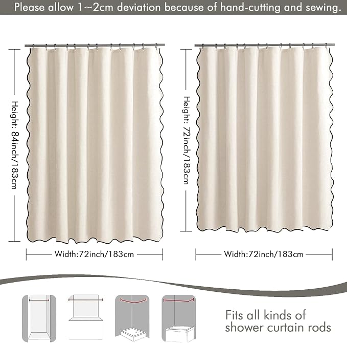 MIULEE Light Cream Scalloped Linen Shower Curtain 72x72 Inches | Linen Textured, Waterproof, Washable, 12 Metal Hooks, Heavy Duty Cloth, Black Border, Shower Curtain for Bathroom Bathtub