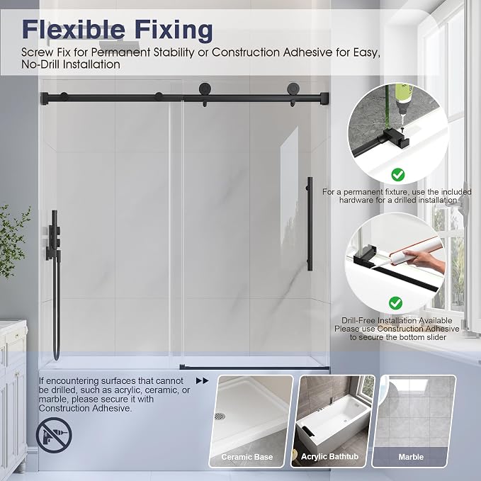 55-60" W x 60" H Frameless Bathtub Shower Door Matte Black | 1/4''(6mm) SGCC Tempered Glass,Explosion Proof Film,Nano Coating,Customizable width,Reversible installation,Easy to Clean