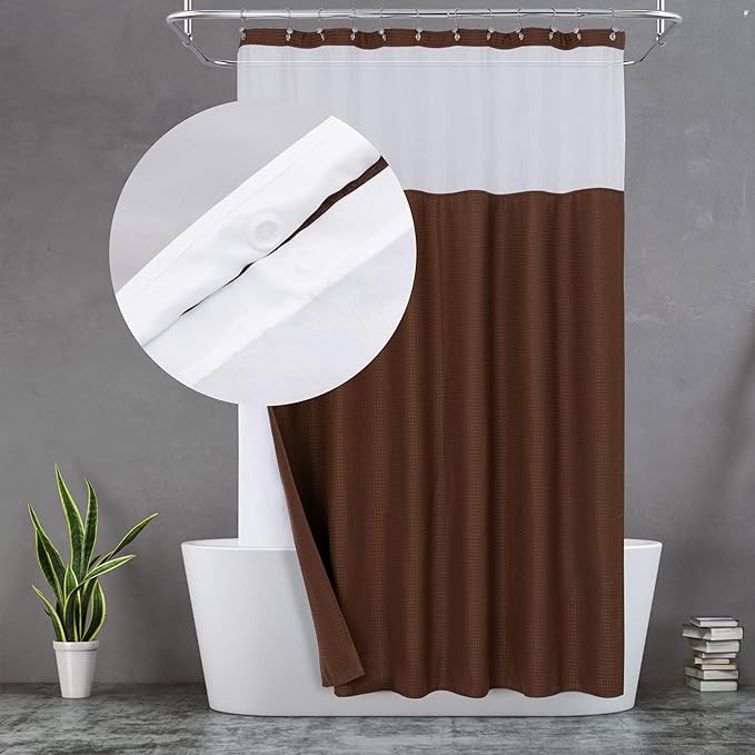 N&Y HOME Waffle Weave Shower Curtain with Snap-in Liner Set Brown, 71x72 | 12 Metal Hooks Included, Snap on Fabric Liner, Mesh Window, Washable, Hotel Style Shower Curtain Set for Bathroom