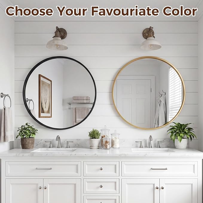 NEWBULIG 24 Inch Round Wall Mirror, Bathroom Mirrors for Over Sink, Matte Metal Framed Circle Vanity Mirror, Wall Decor for Bedroom, Anti-Rust, Tempered Glass, Hanging or Leaning, Classic Gold