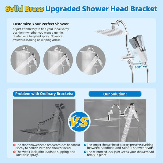 Hibbent All Metal cUPC Certified Shower Head, 10'' High Pressure Rainfall Shower Head, Showerhead Combo, Handheld Shower Wand, 12'' Adjustable Extension Arm, 4-Spray, 71'' Hose, Shower Holder, Chrome