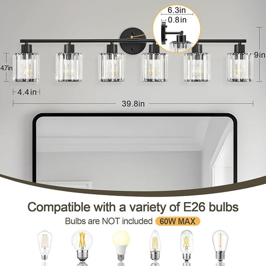 Modern Black Crystal Bathroom Light Fixtures,6-Light | Bathroom Lighting Fixtures over Mirror,Vanity Lights for Mirror, Restroom(Ceramic E26 Socket,Bulbs Not Include)