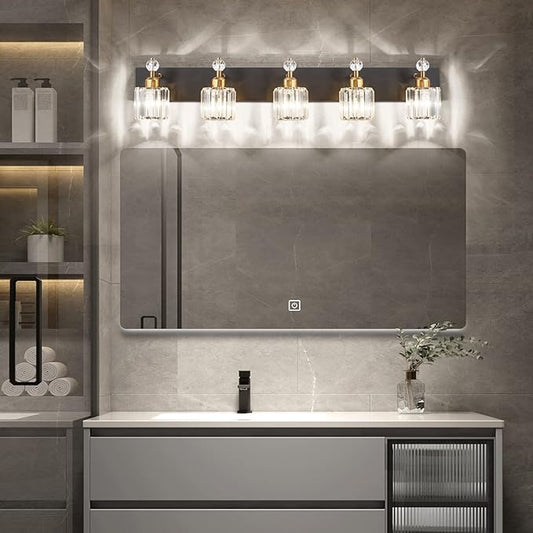 PRESDE 5-Light Crystal Bathroom Vanity Light, Modern Black and Gold Wall Sconce , Wall Lamp for Over Mirror Bedroom Hallway