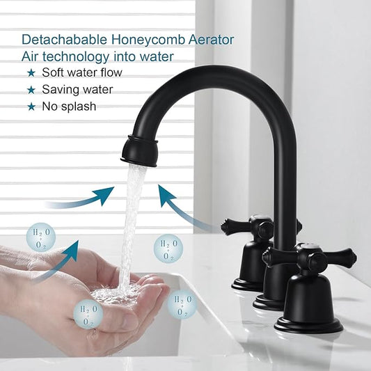 RKF Bathroom Faucets for Sink 3 Hole Matt Black 8 inch Widespread Bathroom Sink Faucet with Drain 2 Handles Cross Knobs Faucet Vanity Faucet Basin Mixer Tap with Hose & Deck CWF039-MB