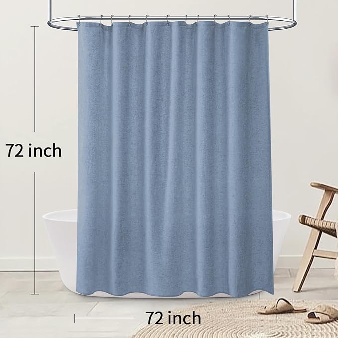 Linen Shower Curtain Blue Grey, Fabric Boho Farmhouse Shower Curtains for Bathroom Cotton Natural Cloth Liner Set 72" W x 72" L