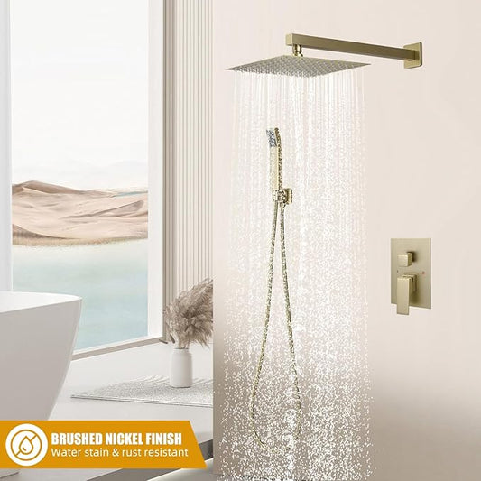 Modern Shower Faucet with 10 Inch Rain Shower head Shower System and Handheld Shower Combo,2-Function Shower Fixtures Included Shower Trim Kit (Brush Gold)