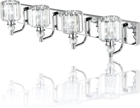 Ralbay Crystal Bathroom Vanity Light - 4 Light Modern Crystal Bathroom Lights Fixtures Over Mirror, Stainless Steel Chrome Vanity Light for Wall Lights Fixtures