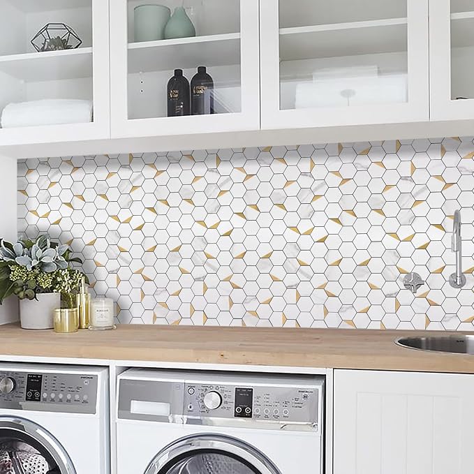 STICKGOO Peel and Stick Backsplash for Kitchen, Self-Adhesive Tile Hexagon Mosaic Tiles (10 Sheets, White Marble with Metal Gold )