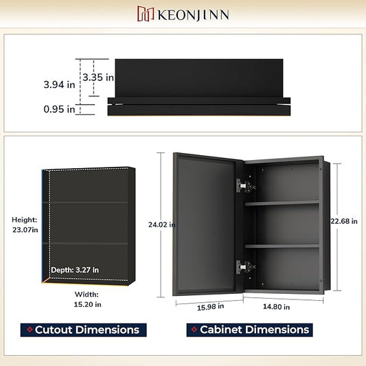 Keonjinn 16" x 24" Medicine Cabinets with Mirror for Bathroom, Oil Rubbed Bronze Recessed or Surface Wall-Mounted Aluminum Alloy Framed Beveled Mirror, Farmhouse Bathroom Mirror with Storage Cabinet