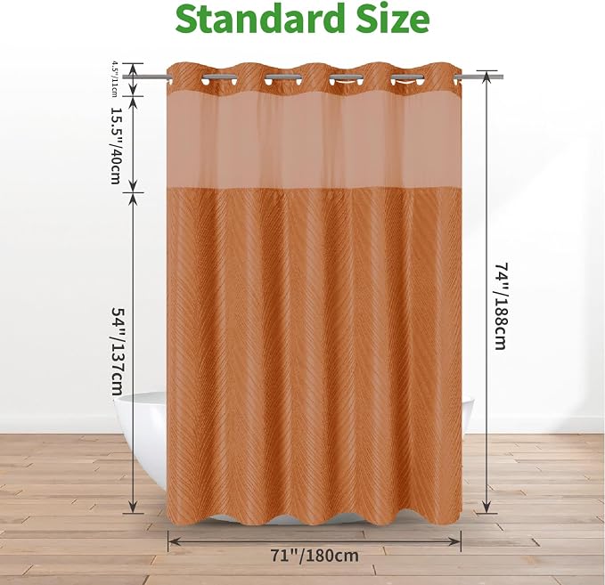 eachope no Hook Shower Curtain and Fabric Liner Set,Thanksgiving Autumn Shower Curtain, Boho Tufted Striped Style with See Through Top Window,Orange, 71Wx74H