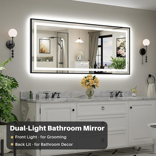 72x32 Inch LED Bathroom Mirror with Black Frame, Backlit & Front Lit, Anti-Fog Lighted Bathroom Vanity Mirror for Wall, Memory Function, Dimmable, HD Tempered Glass, Shatter-Proof