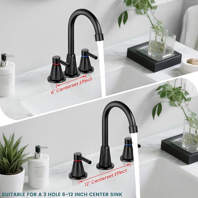 8 Inch Bathroom Faucet 3 Hole Black 2 Handle Bathroom Sink Faucet | Stainless Steel, 360° Swivel Spout, Widespread 2 Handle, Includes Pop-Up Drain,Water Supply Lines, Matte Black