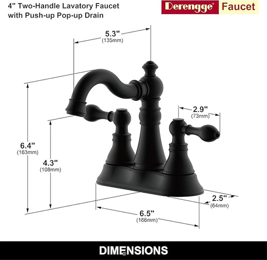 Two Handle Matte Black Bathroom Faucet 3 Hole with Pop up Drain Assembly, Classic 4 Inch Centerset Lavatory Faucet with 360° Swivel Spout,F-0048-MT