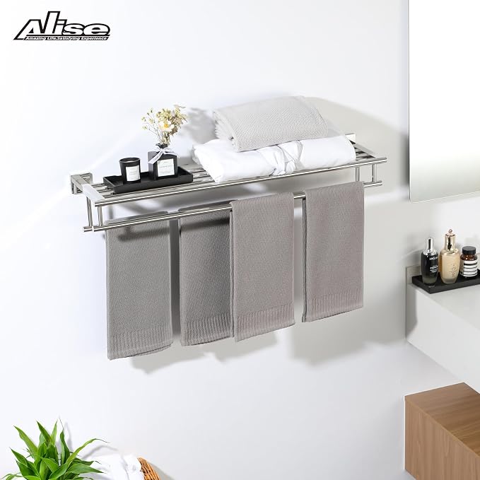 Alise 28 Inch Double Towel Rack for Bathroom Wall Mounted,Polished Chrome | Bathroom Tower Holder Towel Shelf with Double Towel Bars,SUS304 Stainless Steel Towel Rack with Shelf