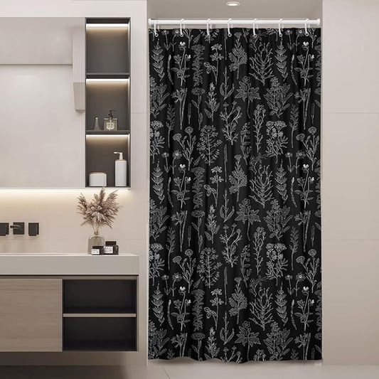 Coxila Vintage Floral Shower Curtain 36x72 Inch Stall Half Mini Size Stand up Standing Black Flower Retro Rustic Farmhouse Plant Country Boho Cute Wildflower Bathroom Polyester Fabric 7 Pack Hooks