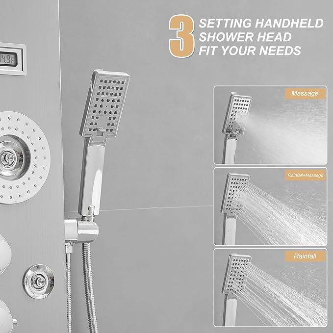 6 in 1 Shower Panel Tower System, Rainfall Shower Tower Systems w/LED and Digital Display Stainless Steel Shower Panels with Waterfall Tub Spout Massage Jets Handheld Head Nickel and Chrome