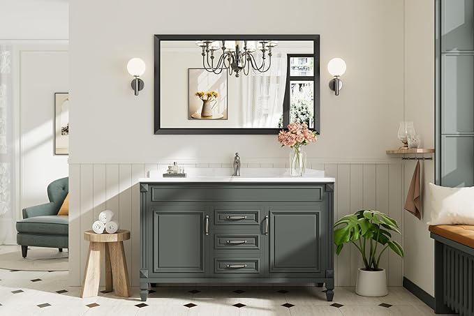 Black Metal Framed Bathroom Wall Mirror, 50x30 Inch | Anti-rust, HD tempered glass, for bathroom vanity, bedroom, living room, horizontal or vertical mount