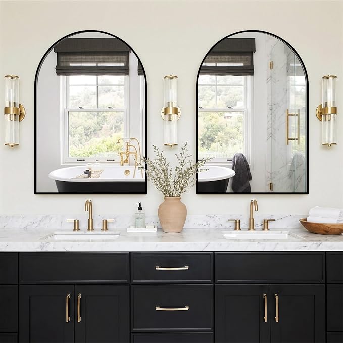 FGU Arched Bathroom Mirror for Over Sink 2 Pack 38"x26" Black Vanity Mirror | Wall Mounted, HD Tempered Shatter-Proof Glass, Rust-proof Arched Metal Frame, Arch Mirror for Bedroom, Living Room, Entryway