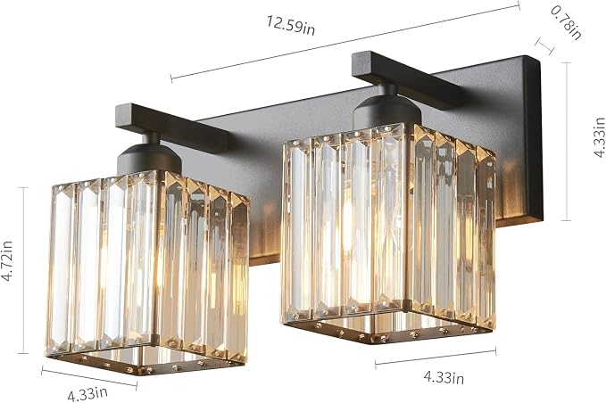 Modern Bathroom Vanity Light 2-Lights Black Crystal Bathroom Wall Light Vanity Light Fixtures,12.59-inch Modern Minimalist Design