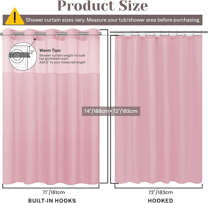 SORTTO No Hook Slub Shower Curtain with Liner, 71x74, Pink | Snap in Liner, 3 in 1, Bamboo Texture, Hotel Style, Waterproof Fabric, Mesh Top Window, Corner Magnets, Machine Washable