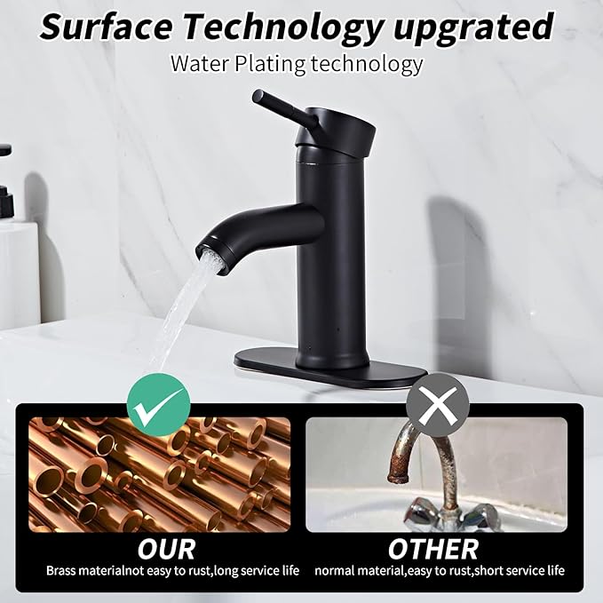Black Bathroom Sink Faucet Single Hole Single Handle Bathroom Faucet Modern RV Faucet Commercial Washbasin Faucet Countertop Installation with Deck, Pop-up Drain and Supply Hoses