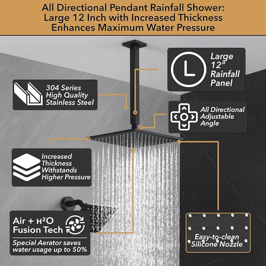 VANFOXLE Shower Faucet Set Matte Black Shower System, Push Button Diverter | 12 Inch Ceiling Mount Rain Head Increased Thick, 6 Inch Wall Mount Head, 2-in-1 Handheld Sprayer, Solid Brass Valve, Modern