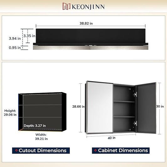 Keonjinn 40" x 30" Medicine Cabinets with Mirror for Bathroom, Brushed Nickel Recessed or Surface Wall-Mounted Aluminum Alloy Framed Beveled Mirror, Farmhouse Bathroom Mirror with Storage Cabinet
