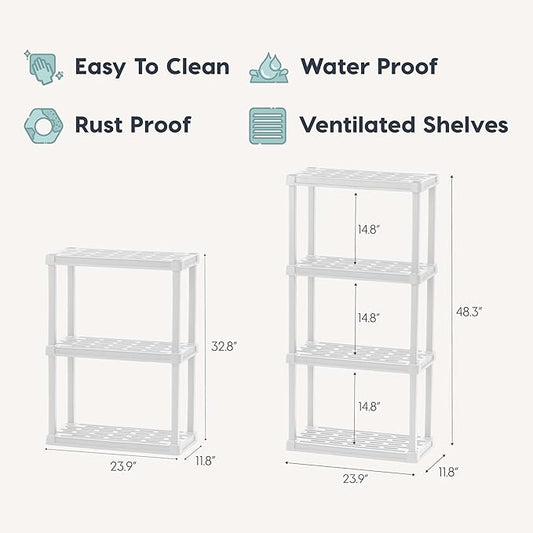 IRIS USA 4-Shelf Light Duty Plastic Storage Shelves, 200lb Capacity, 48" H x 24" W x 12" D, Medium Modular Shelving Unit Storage Organizer for Bathroom, Laundry, Garage & Home, Storage Rack - White