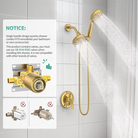 SR SUN RISE Dual 2 in 1 Shower System with Handheld,Brushed Gold | 3-Way Diverter Rain Shower Combo Set,6 Spray Setting,High Pressure,Soild Brass,Included Valve and Trim Kit