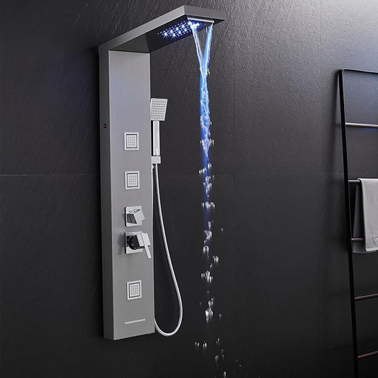 5-in-1 LED Shower Panel Tower System Stainless Steel | Rainfall + waterfall heads | 3 massage sprays | Handheld shower | Waterfall tub spout | LED lights | Wall mount