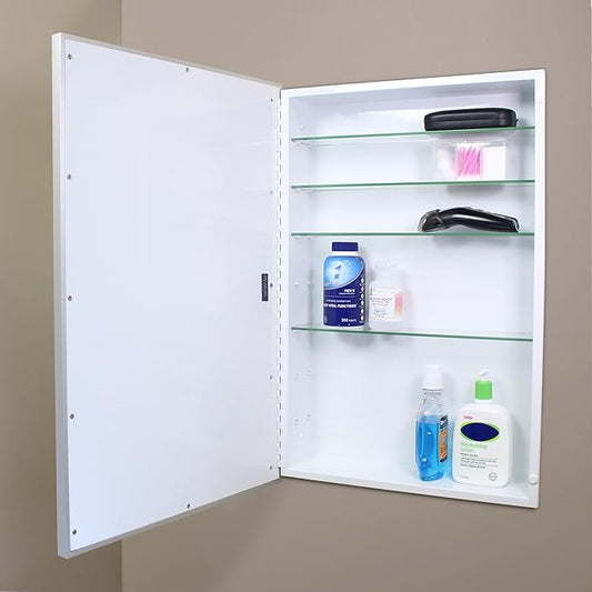 Fox Hollow Furnishings 20x30 Parker Metro Metal Framed Rectangle Recessed Bathroom Medicine Cabinet, Floating Mirror, 14x24 in-Wall Opening, Adjustable Glass Shelves, Magnet Close, Brushed Nickel