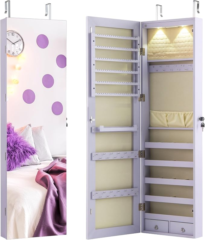 Giantex Wall or Door Mounted Jewelry Armoire with 47.5" Full Length Mirror, Lockable Cabinet with 2 LED Lights, 2 Drawers, Over the Door Large Jewelry Storage Organizer (Lavender)