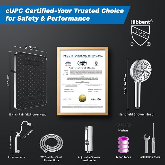 Hibbent cUPC Certified High Pressue 13'' Rainfall Shower Head with 5-Spray | Shower Heads with Handheld 10-Spray Combo, All Metal Easy Reach 4-way Diverter Extension Arm, 71'' Hose & Holder, Chrome