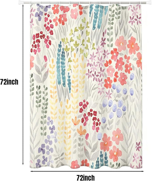 Cute Abstract Floral Shower Curtain, Watercolor Colorful Wildflowers and Plant Leaves, Waterproof Polyester Fabric Shower Curtains Sets with Hooks for Bathroom 72x72 Inches