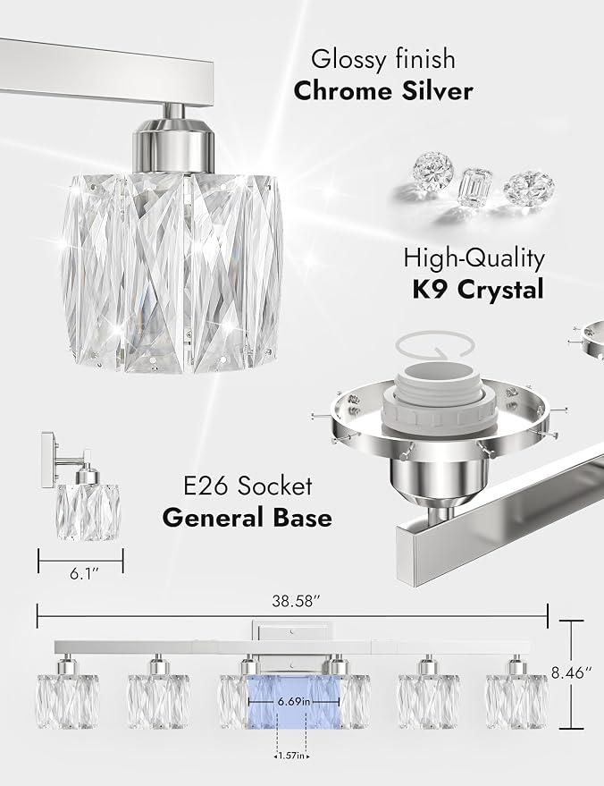 VOLISUN Crystal Vanity Lights for Bathroom, 6 Light Bathroom Vanity Light, Modern Stainless Steel Bathrooms Lights Over Mirror, Chrome Bathrooms Lights Fixtures-UL Certificated(Exclude Bulb)