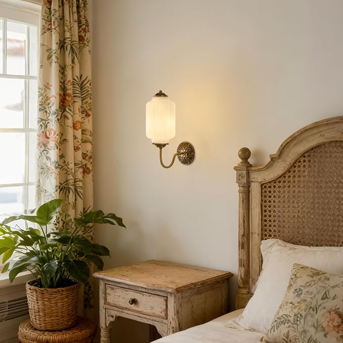 Vintage Milk Glass Wall Sconce Set of Two, H15" Hardwired White Bathroom Sconce with Gold Carved Metal, Antique Retro Wall Lamp for Bedroom, Living Room, Hallway, E12 Bulb, Warm Light (White 2Pack)
