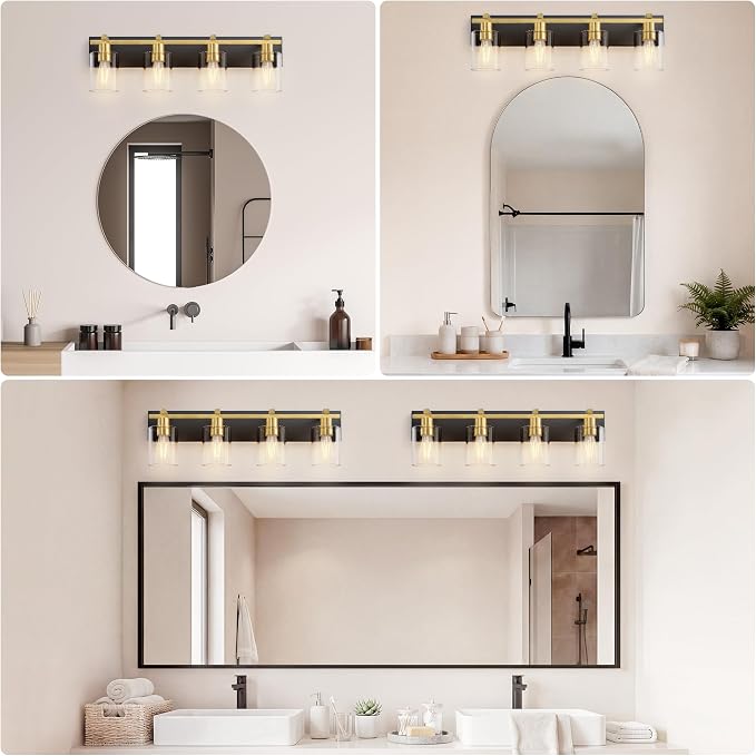 4-Light 30inch Black and Gold Vanity Light, Thickened Clear Glass | Over Mirror for Bathroom, Rust Resistant, E26 Base, Easy Install, Removable Glass Shade Horizontal Mount, Dimmable