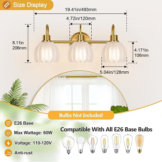3-Light Bathroom Vanity Light, 20" Brushed Gold Bathroom Light Fixtures with Ribbed Frosted Clear Tulip Glass Shade, Vanity Lighting Fixtures Over Mirror for Bedroom Living Room Hallway