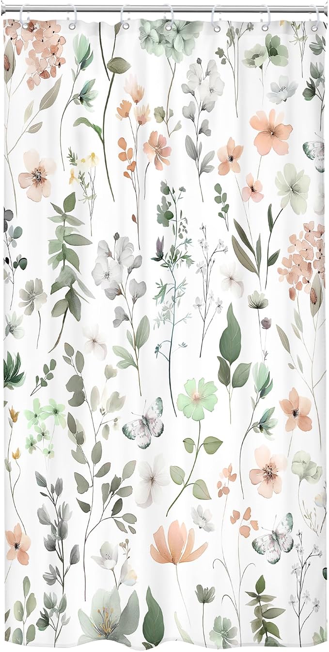 Stall Small Narrow Green Pink Floral Cute Boho Bathroom Shower Curtain Set | 36"W x 72"H Wildflower Watercolor; waterproof HD print, quick-dry fabric and plastic hooks for easy setup.
