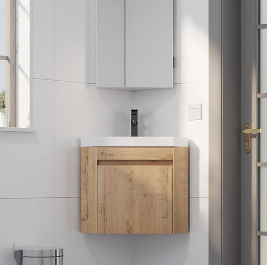 eclife 22" Corner Bathroom Vanity Sink Combo for Small Space Wall Mounted Floating Cabinet with White Resin Sink and Matte Black Faucet, Natural