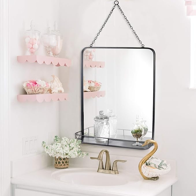 Stonebriar 21" x 16" Rectangle Black Metal Wall Mirror with Hanging Chain and Shelf, Decorative Industrial Decor for the Living Room, Bedroom, Bathroom, Hallway, and Entryway