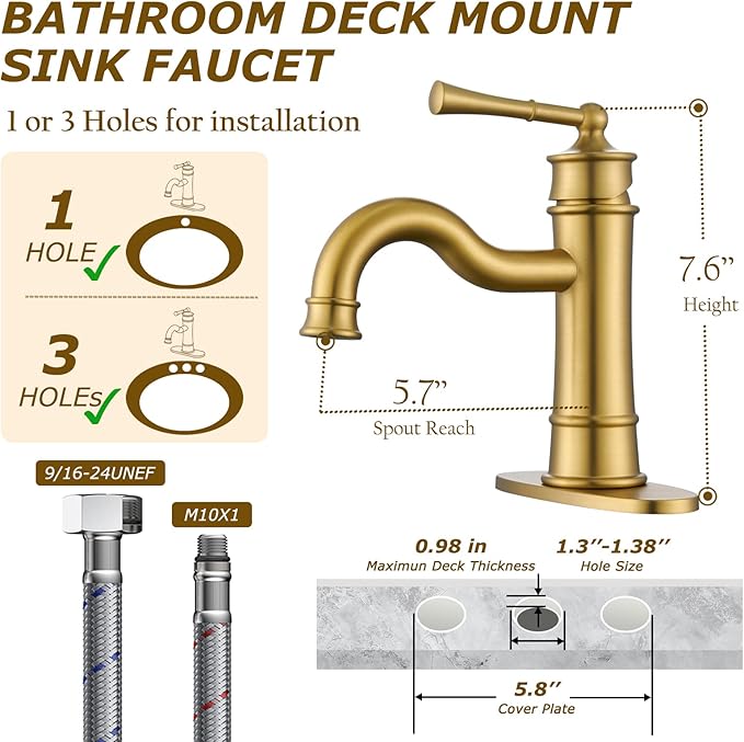Roman Bathroom Sink Faucet Brushed Gold Single Hole Deck-Mount Pop-up Drain Assembly with Overflow Deck Plate and Water Supply Lines Included