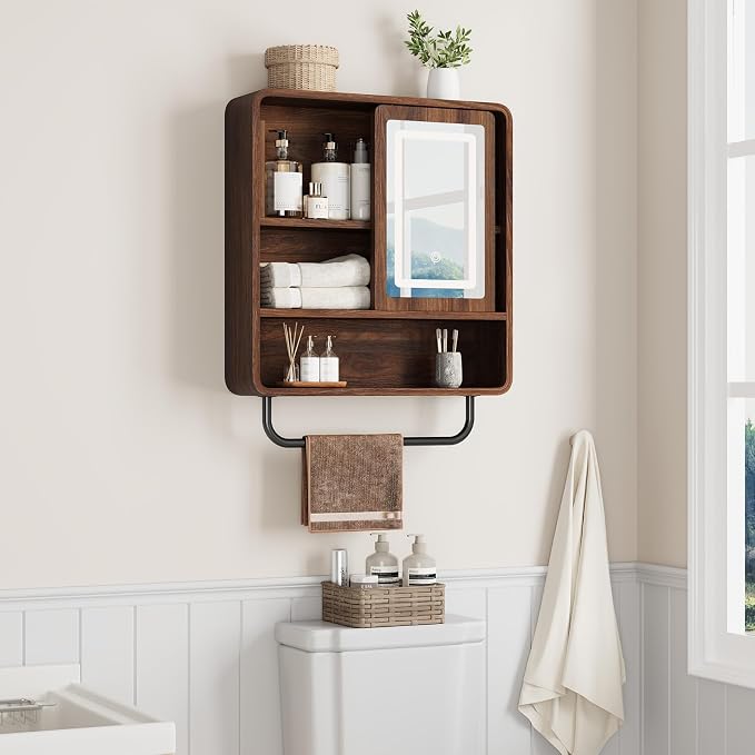 Modern Bathroom Wall Cabinet, Medicine Cabinets with Mirror, Over The Toilet Storage Cabinet for Bathroom, Towel Bar, Sliding Door, 3 Lighting Modes, Adjustable Brightness, Dark Walnut