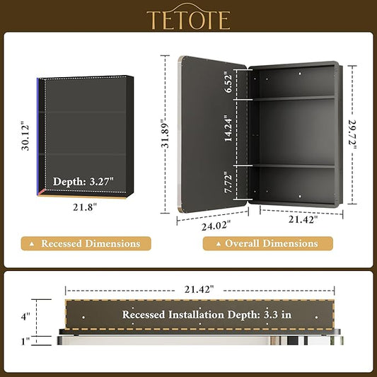 TETOTE 24 X 32 Medicine Cabinet Mirror Polished Chrome Stainless Steel Framed Bathroom Mirror Cabinet with Adjustable Shelves Recessed Mounted/Surface Mounted Medicine Cabinet with Mirror