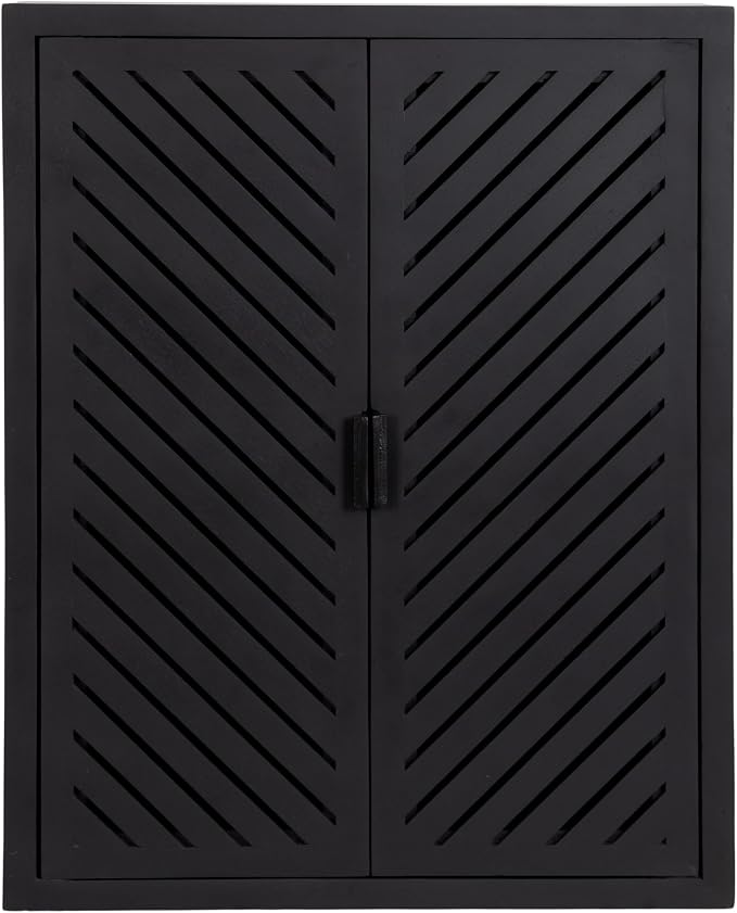 Kate and Laurel Mezzeta Decorative Modern Two-Door Floating Bathroom Cabinet, 22 x 7 x 28, Black, Decorative Over Toilet Storage Cabinet Made from Solid Mango Wood with Slatted Chevron Design