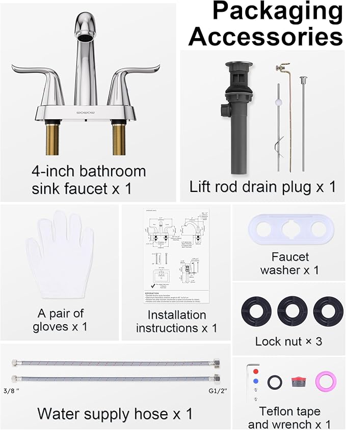 WOWOW Bathroom Faucet 2 Handle 4 Inch Centerset Bathroom Sink Faucet Lead-Free Basin Mixer Tap Lift Rod Drain Stopper, Two-Handle Center-Set Lavatory Faucet Chrome