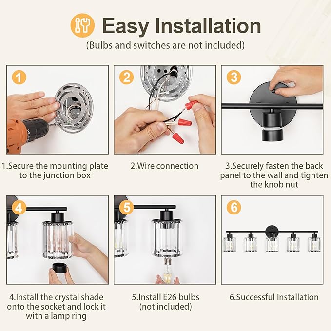 Modern Black Crystal Bathroom Light Fixtures,5-Light | Bathroom Lighting Fixtures over Mirror,Vanity Lights for Mirror, Restroom(Ceramic E26 Socket,Bulbs Not Include)