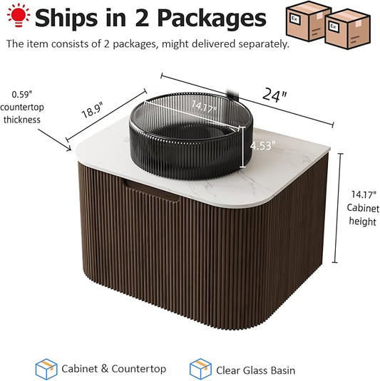 24" Modern Floating Bathroom Vanity with Sink, Wall-Mounted Cabinet with Transparent Black Glass Basin and Marble Top, Extra Soft-Close Large Storage Drawer, Pre-Assembled, Dark Walnut