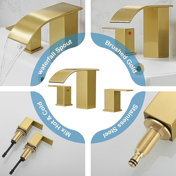 RUMOSE 8 inch Bathroom Faucets Set Brushed Gold Bathroom Sink Faucet 3 Hole with Pop Up Drain Widespread 2 Handles Stainless Steel Lavatory Vanity Faucet Waterfall Spout Deck Mounted