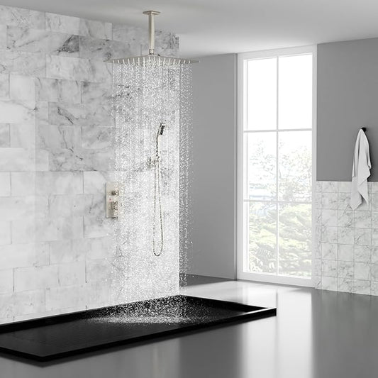 SR SUN RISE 16 Inches Brushed Nickel Shower System Bathroom Luxury Rain Mixer Shower Combo Set Ceiling Mounted Rainfall Shower Head Faucet (Contain Shower Faucet Rough-In Valve Body and Trim)